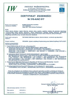 Certyfikat zgodności Nr 316-A/AC 017